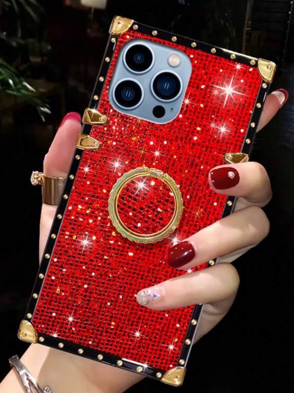 Red Sparkle Bling Phone Case with Gold Ring for Cell Phones